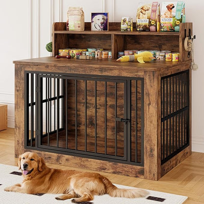IRONCK Dog Crate Furniture, 43.3 inches Wooden Large Dog Crate with Storage and 4 Hooks, Heavy Duty Pet Crate for Large Dog, Decorative Pet Cage for Indoor (30" L x 43.3" W x 41.1" H)