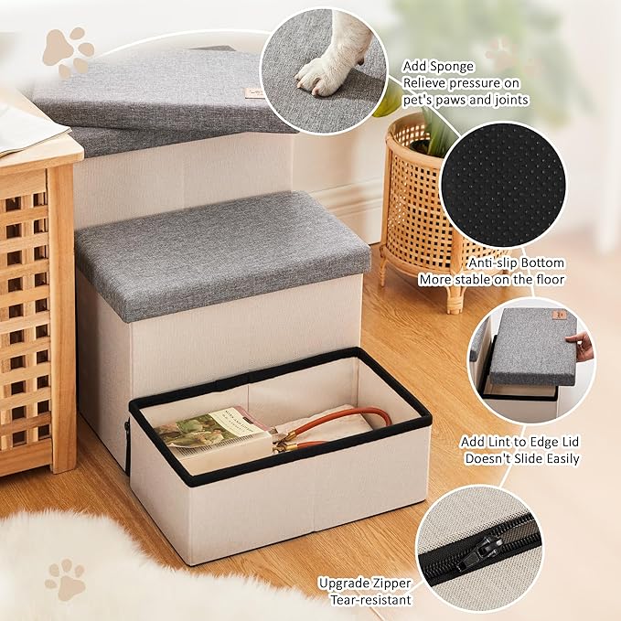 Love's cabin Dog Stairs for High Bed 18"H,Foldable Pet Stairs for Small Medium or Large Dogs Puppy with Storage for Bed or Couch, Cat Dog Steps Ramp with Zip up to 210 lbs(Light Grey,3 Steps no Condo)