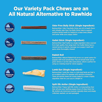 Barkworthies Healthy Dog Treats & Chews Puppy Dog Variety Pack (5 Chews) - Protein-Rich, All-Natural, Easily Digestible, Rawhide Alternative - Promotes Dental Health - Great Gift for All Dogs