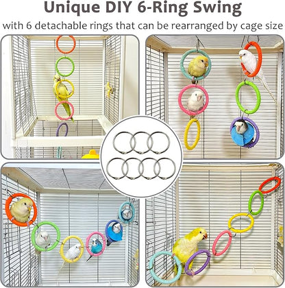 6-Ring Bird Swing Toy for Cage, Colorful Cotton Rope Perch for Parrots Soft Grip, DIY Adjustable Hanging Parakeet Toys, Interactive Multi-Bird Swing and Climb for Budgies, Lovebirds, Cockatiels