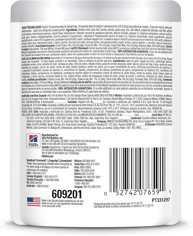 Hill's Science Diet Perfect Weight, Adult 1-6, Weight Management Support, Wet Dog Food, Salmon & Vegetables Stew, 2.8 oz Pouch, Case of 24