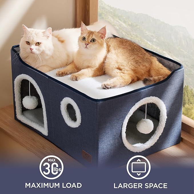 Bedsure Large Cat Beds for Indoor Cats - Extra Wide Cat Cube House for Small Pet with Fluffy Ball Hanging and Scratch Pad, Foldable Pet Cave Hideaway for Multiple Cats, 23.6x16.9x13 inches, Blue