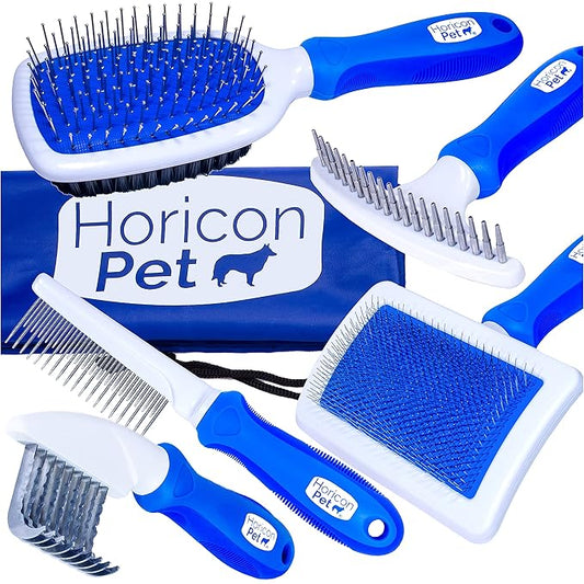 6 In 1 Premium Dog Brush Set - Dog Grooming Brushes - Ball Pin & Bristle Brush, Curved Blade Dematting Comb, Slicker Brush, Deshedding Edge Comb, Detangling Pet Comb