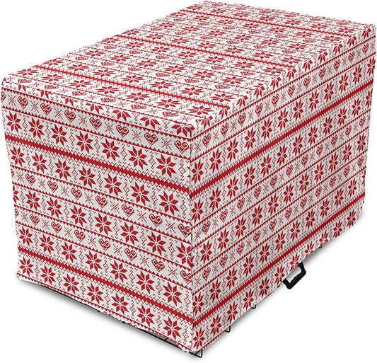 Ambesonne Christmas Dog Crate Cover, Scandinavian Tradition Fashion Nordic Borders Geometrical Pixel Retro Style, Easy to Use Pet Kennel Cover for Medium Large Dogs, 36 Inch, Orange White