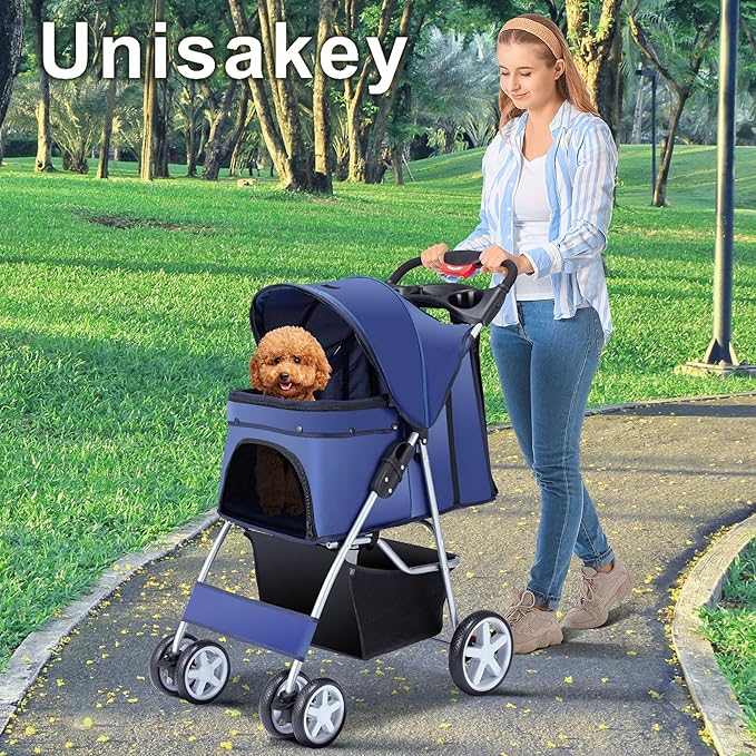 4 Wheels Pet Stroller for Small Medium Dogs Cats 33 lbs, Breathable Foldable Jogger Stroller with Storage Basket, Travel Puppy Stroller for All-Season, Move Pad & Protective Lock, Navy Blue