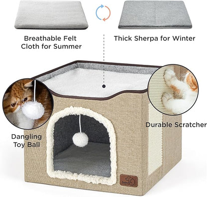 Bedsure Cat Beds for Indoor Cats - Large Cat Cave for Pet Cat House with Fluffy Ball Hanging and Scratch Pad, Foldable Cat Hideaway, 16.5x16.5x13 inches, Brown