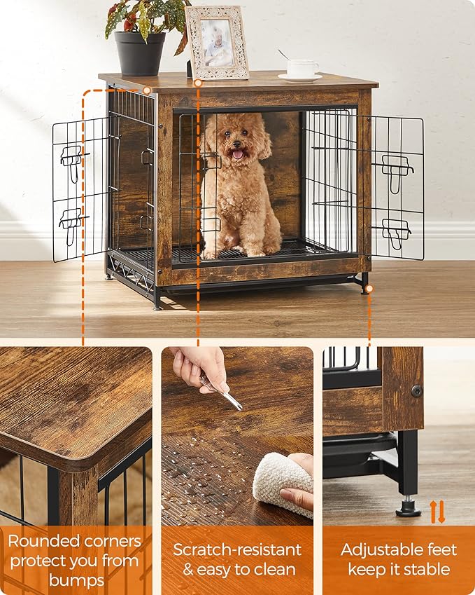 Feandrea Dog Crate Furniture, 27.2" Side End Table, Modern Kennel for Dogs Indoor up to 30 lb, Heavy-Duty Dog Cage with Multi-Purpose Removable Tray, Double-Door Dog House, Rustic Brown UPFC001X01