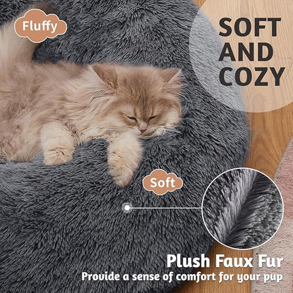 OhGeni Calming Donut Cat Beds For Indoor Cats, Machine Washable Plush Warming Bed For Kitten & Puppy, Anti-Slip Round Cuddle Comfort Pet Bed, Cozy Fluffy Fur Bed for Small Cats & Dogs, Gray, 20 inches