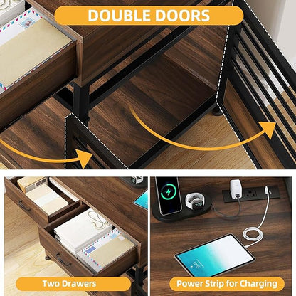 DWVO Dog Crate Furniture with Storage Shelves, Heavy Duty Dog Crate with Drawers & Charging Station, 39 Inch Dog Kennel Indoor Furniture for Large Dogs, Modern Dog Crate with Double Doors, Brown