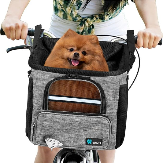 PetAmi Dog Bike Basket, Soft-Sided Ventilated Dog Bike Carrier Backpack, Dog Pet Bicycle Basket for Bike Handlebar, Small Medium Puppy Cat Kitten Car Booster Seat with Safety Strap