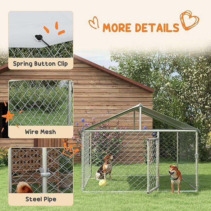 PawHut Large Dog Kennel Outside, Heavy Duty Dog Cage with Waterproof Cover, Outdoor Fence Dog Run with Galvanized Chain Link, Secure Lock, 6.6' x 6.6' x 4.9'
