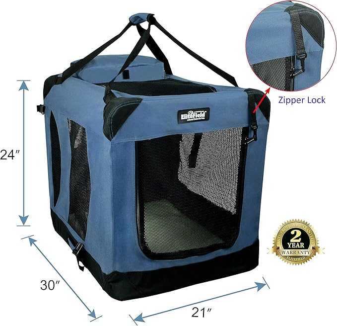 EliteField 3-Door Folding Soft Dog Crate with Carrying Bag and Fleece Bed (2 Year Warranty), Indoor & Outdoor Pet Home (30" L x 21" W x 24" H, Blue Gray)