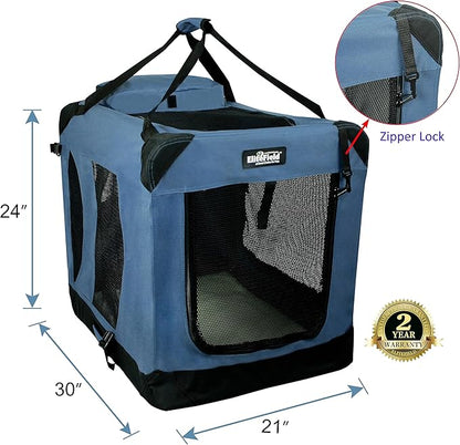 EliteField 3-Door Folding Soft Dog Crate with Carrying Bag and Fleece Bed (2 Year Warranty), Indoor & Outdoor Pet Home (30" L x 21" W x 24" H, Blue Gray)