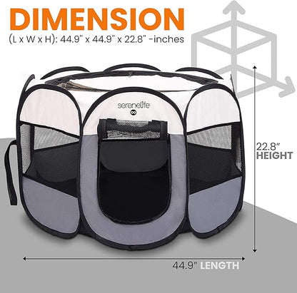SereneLife On-The-Go Foldable Portable Pet Tent 8-Panel Playpen for Dog & Cat w/Food/Water Bowl, Mesh Exercise Puppy Playground, Pet House Indoor & Outdoor, Travel & Camping Pet Kennel (Grey, Medium)