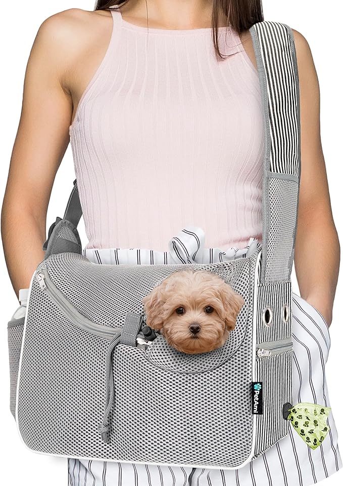 PetAmi Small Dog Sling Carrier, Soft-Sided Crossbody Puppy Carrying Purse Bag, Adjustable Sling Pet Pouch to Wear Medium Cat Travel, Dog Bag for Traveling Breathable, Poop Bag Dispenser, Stripe Black