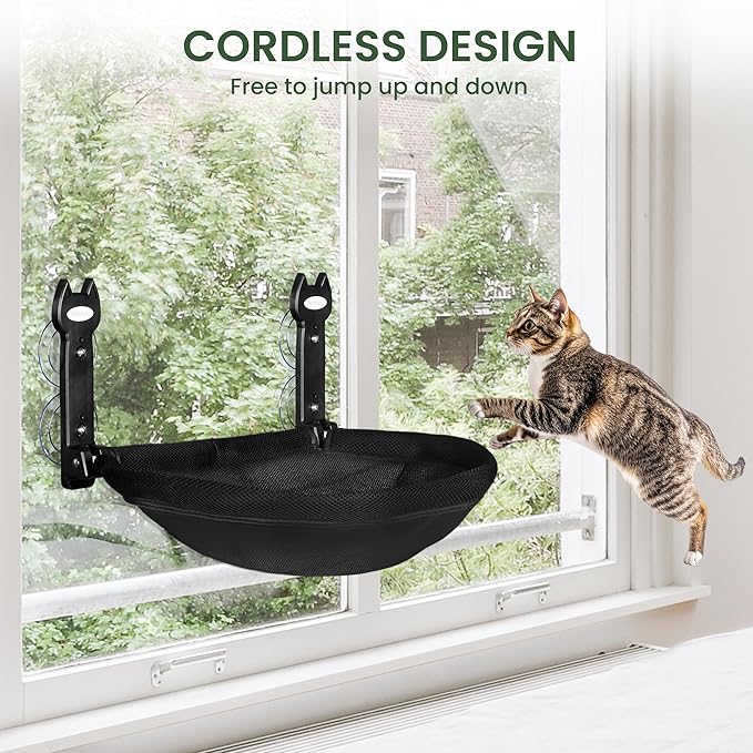 Cat Window Perch, Foldable Cat Hammock with Sunken Design, Breathable Cordless Window Bed with Stud Metal Frame for Large Cats and Kitten (Black Deep Perch, Medium)