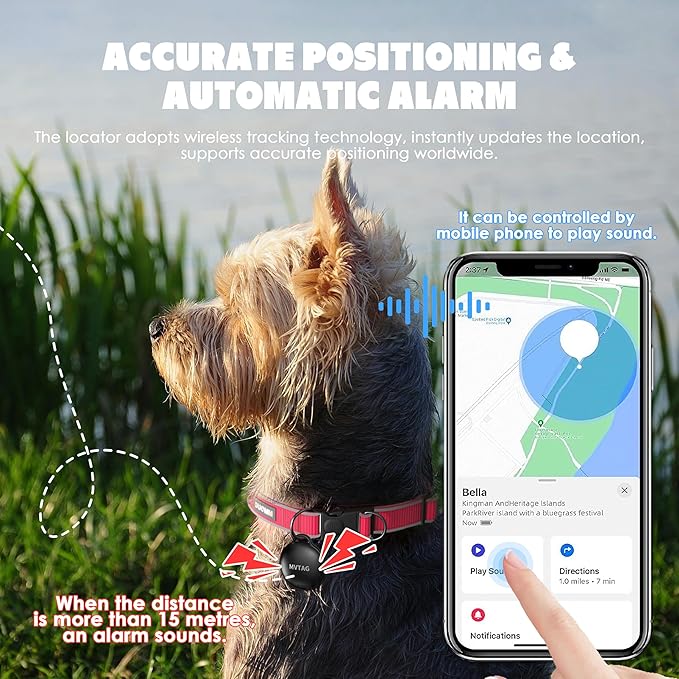 Dog Tracker GPS Collar No Monthly Fee, Real-Time Mini Pet Tracker for Small Medium Large Dogs, Reflective Waterproof Dog Tracking Collar with Bell, Indoor & Outdoor (Only for iOS)