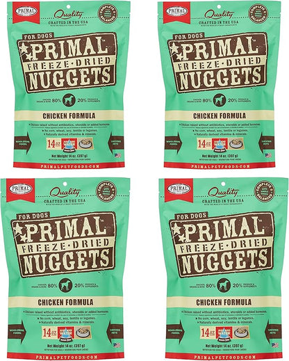 Primal Freeze Dried Dog Food Nuggets, Chicken, Complete & Balanced Meal, Also Use as Topper or Treat, Premium, Healthy, Grain Free, High Protein Raw Dog Food, 14 oz (Pack of 4)