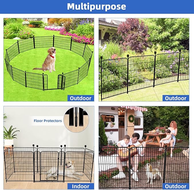 ADAVIN Tall Garden Fence 54 in(H)_22.1 Ft(L),10 Panels Dog Fence Outdoor for Yard, Heavy Duty Iron Metal Fence with Gate Low Threshold, No Dig Fence Panels, Animal Barrier Fence, Black