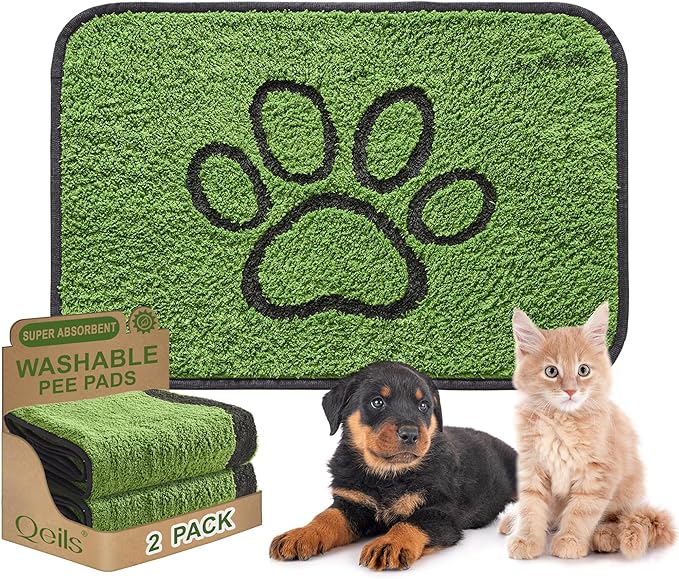 Qeils Washable Pee Pads for Dogs, 2 Pack Super Absorbent Reusable Puppy Pads with Green Long Wool for Potty Training, Floor, Couch, Bed, and Crate,24"x 36"