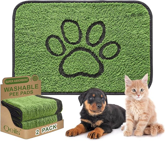 Qeils Washable Pee Pads for Dogs, 2 Pack Super Absorbent Reusable Puppy Pads with Green Long Wool for Potty Training, Floor, Couch, Bed, and Crate,24"x 36"