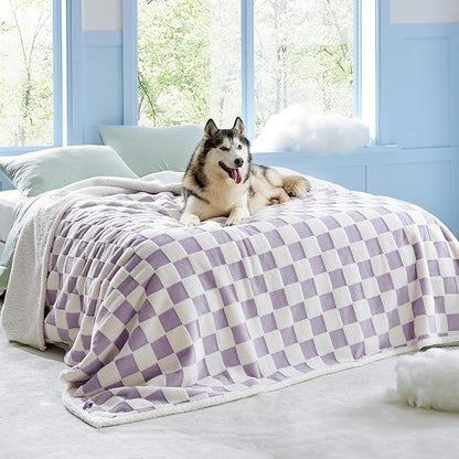 Lesure Waterproof Dog Blanket for Large Dogs - Washable Double Sided Dog Blankets with Warm Jacquard Shag and Soft Sherpa Fleece, Pet Cat Blanket for King Bed Protection, 3D Textured Checks, Purple