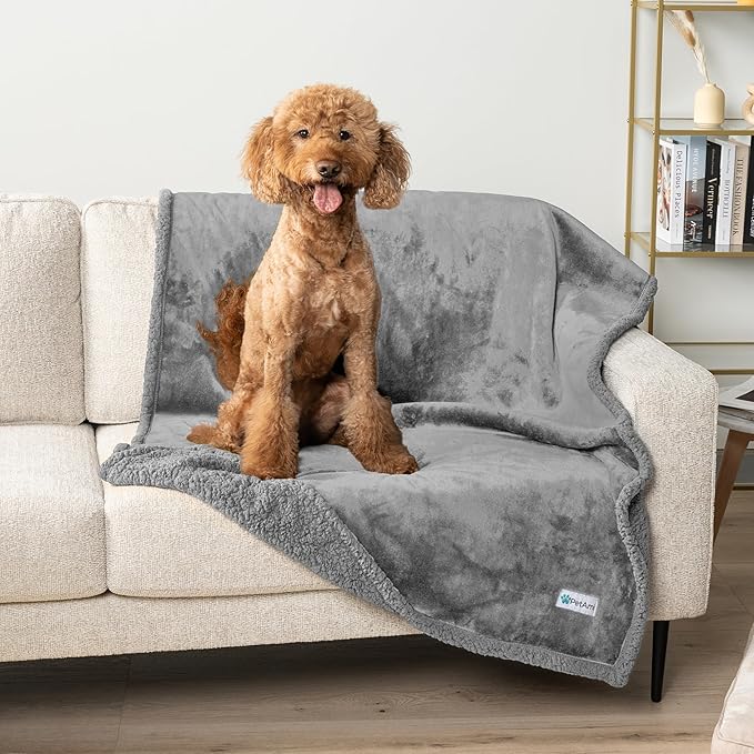 PetAmi WATERPROOF Dog Blanket for Bed, XL Dog Pet Blanket Couch Cover Protector, Sherpa Fleece Leakproof Blanket for Crate Kennel Sofa Furniture Queen Bed Protection Reversible Soft 90x90 Light Grey