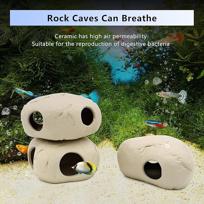 Aquarium Decorations Stackable Large Ceramic Cave Betta Fish Tank Accessories Rock Cave Decor 3-Piece Set