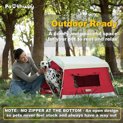 Dog Tent Cotton Fabric, Aluminum Poles and Camping Mat, Outdoor Weatherproof, Dog House Outdoor, Breathable with 2 Side Windows, Portable and Collapsible (Red, Large)