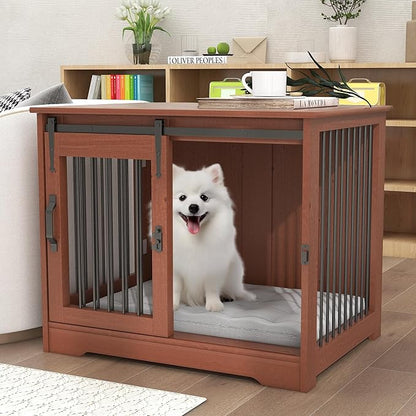 TAOHFE Solid Wood Dog Crate Furniture, Dog Kennel Indoor for Small Dogs with 2 Types Doors, Solid Wood Small Dog Crates Farmhouse Style, Dog Kennel Furniture for Dogs to Play & Rest