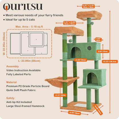 Ouritsu Cat Tree, 57 inch Cat Tower for Large Cat Indoor, 2 Top Perches with 1 Widened, 2 Condos with 1 Enlarged, Steel Frame Hammock, Scratching Posts and Scratching Pad, Green, LF003GB