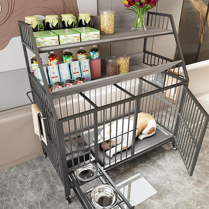 KEIKI 47 Inch Dog Crate Furniture for Large Medium Dogs, with Storage Shelves and Bowls, Indoor Dog Cage with 360° Caster Wheels & Flip-top Plate, Grey