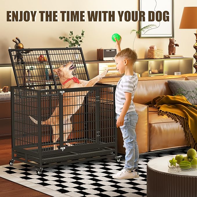 38" Heavy Duty Dog Crate,Robust Stable Dog Kennel,Suitable for High Anxiety Escape Proof Dog Crate,Two-Door Design Small Dog Crate with Locking Wheels,for Small Dog,Black.