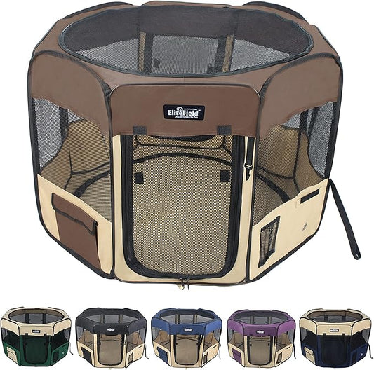 EliteField 2-Door Soft Pet Playpen (2 Year Warranty), Exercise Pen, Multiple Sizes and Colors Available for Dogs, Cats and Other Pets (52" x 52" x 32"H, Brown+Beige)