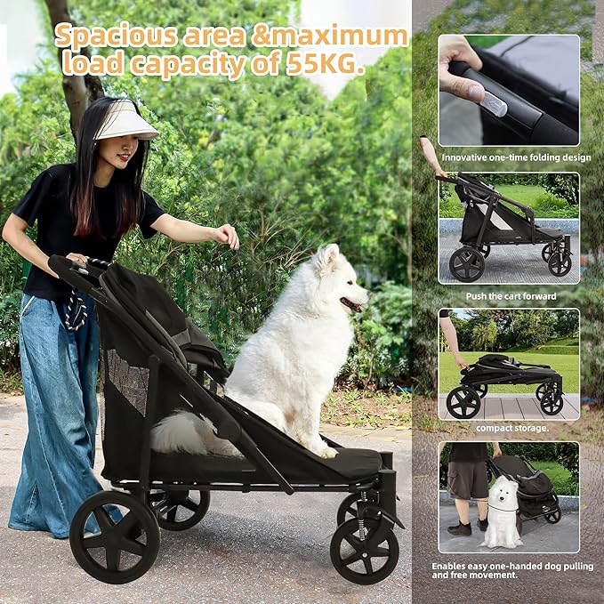 Dog Stroller for Medium/Large Dogs One-Click Folding 4 Wheel Pet Stroller Foldable Dog Stroller for 2 Dogs Jogger Stroller with Storage Pocket Suitable for Pets Up to 110LBS (Black&Grey)