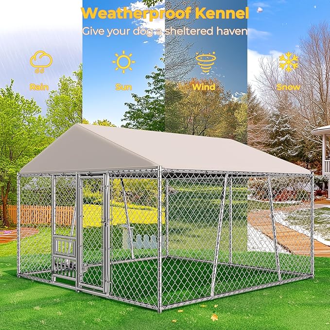10 x 10FT Large Outdoor Dog Kennel with Bowls, Dog Kennel Outside with Waterproof Cover Roof, Galvanized Heavy Duty Chain Link Dog Runs Cage Playpen for Outside with Secure Lock