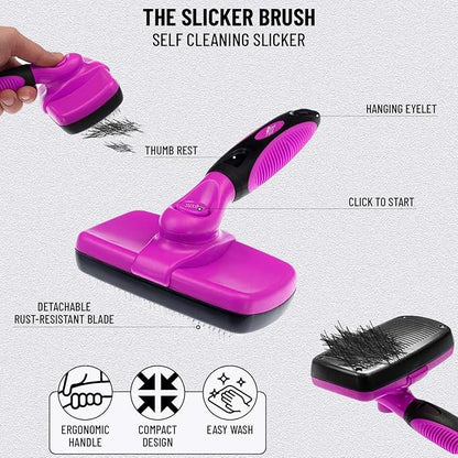 Complete Professional Pet Grooming Kit with Pet Hair Removal Tool Brush Gloves, Self Cleaning Slicker Brush, and Pro Grooming Dog Brush Deshedder Comb to Reduce Shedding (Pink)