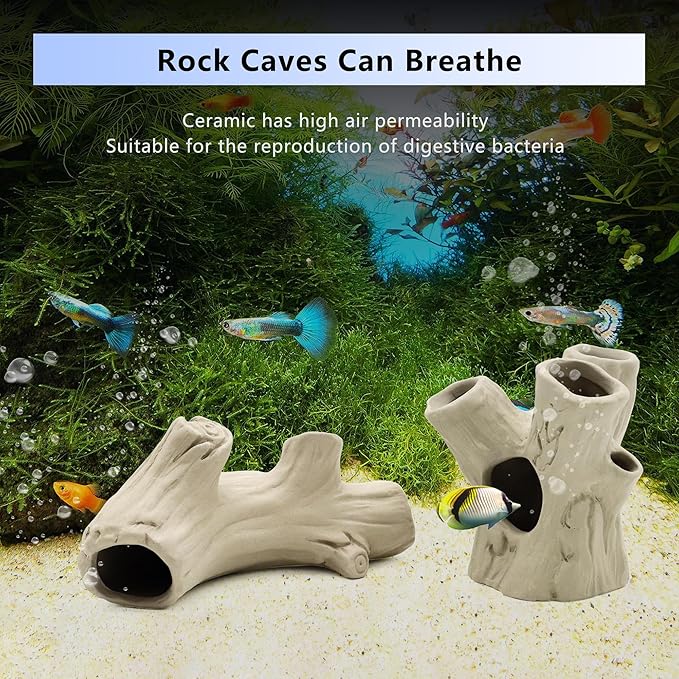 Aquarium Decorations Ceramic Artificial Stump Cave,Betta Fish Tank Accessories Hollow Tree Stump Decor 2-Piece Set