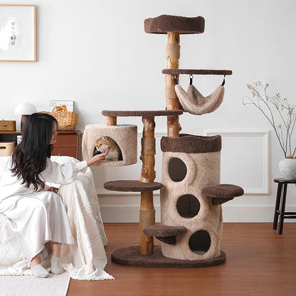 68 Inch Tall Mid Century Modern Solid Wood Cat Tree Tower for Indoor Cats Large Adult, Sturdy Heavy-Duty Cat Condo with Scratching Post, Perch, Scratcher, Platform, Cozy Hideaway (Brown, 68“H)