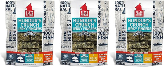 PLATO 3 Pack of Hundur's Crunch Single Ingredient Cod Skin Dog Treats, 10 Ounces Each