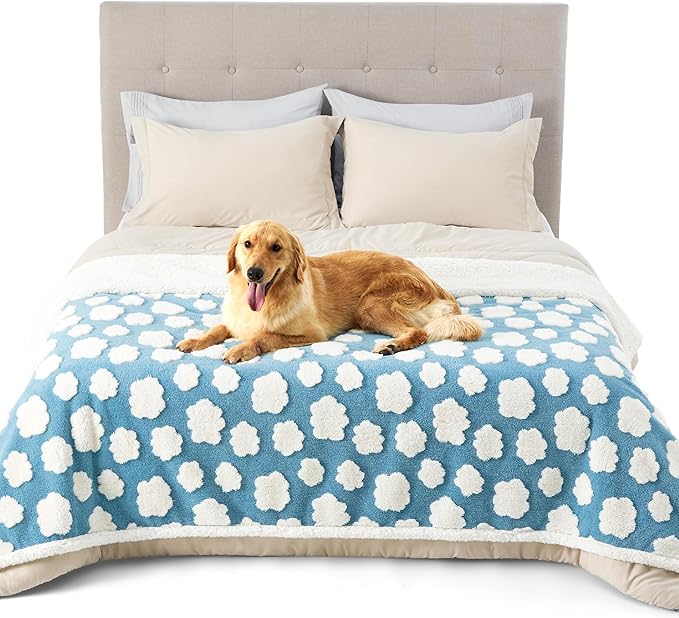 Lesure Waterproof Dog Blanket for Large Dogs - Washable Double Sided Dog Blankets with Warm Jacquard Shag and Soft Sherpa Fleece, Pet Cat Blanket for Bed Protection, 3D Textured Cloud, Blue