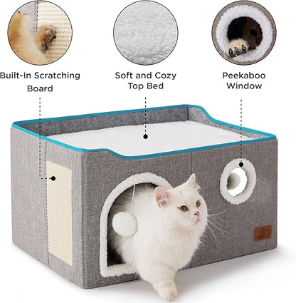 Bedsure Large Cat Beds for Indoor Cats - Extra Wide Cat Cube House for Small Pet with Fluffy Ball Hanging and Scratch Pad, Foldable Pet Cave Hideaway for Multiple Cats, 23.6x16.9x13 inches, Grey