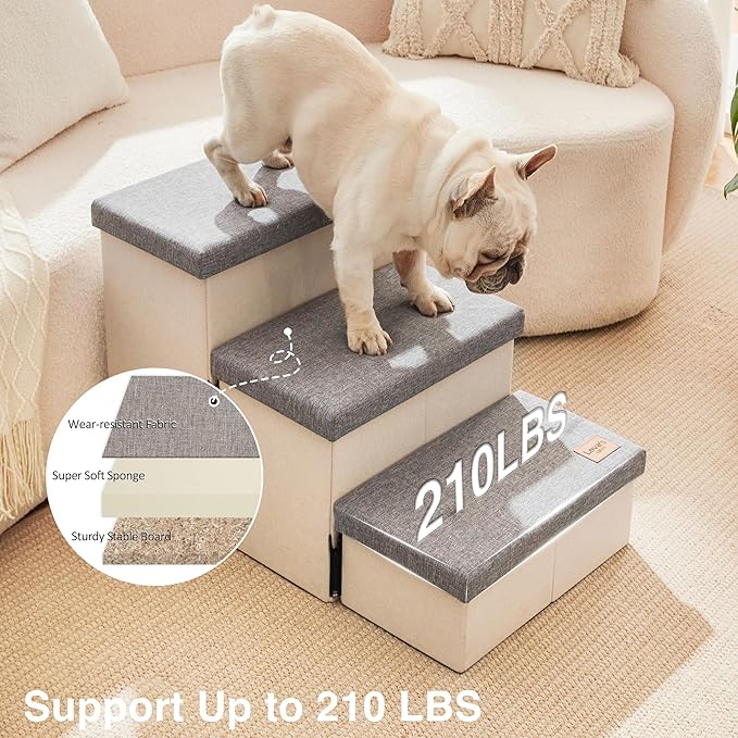 Love's cabin Dog Stairs for High Bed 18"H,Foldable Pet Stairs for Small Medium or Large Dogs Puppy with Storage for Bed or Couch, Cat Dog Steps Ramp with Zip up to 210 lbs(Light Grey,3 Steps no Condo)