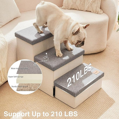 Love's cabin Dog Stairs for High Bed 18"H,Foldable Pet Stairs for Small Medium or Large Dogs Puppy with Storage for Bed or Couch, Cat Dog Steps Ramp with Zip up to 210 lbs(Light Grey,3 Steps no Condo)