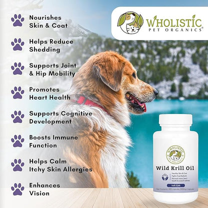 Wholistic Pet Organics Krill Oil for Dogs - Dog Itching Skin Relief & Joint Health - Omega 3 Supplement for Skin & Coat Support, Allergy Relief, Senior Dog Supplements, and Healthy Coat for Dogs
