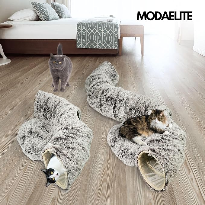 Cat Donut Bed with Washable Cushion  Cat Caves for Indoor Cats  Collapsible Donut Bed with Peekaboo Pet Tunnel Toy  Cozy Hideout for Kittens, Ferrets, Rabbits & Dogs - Brown