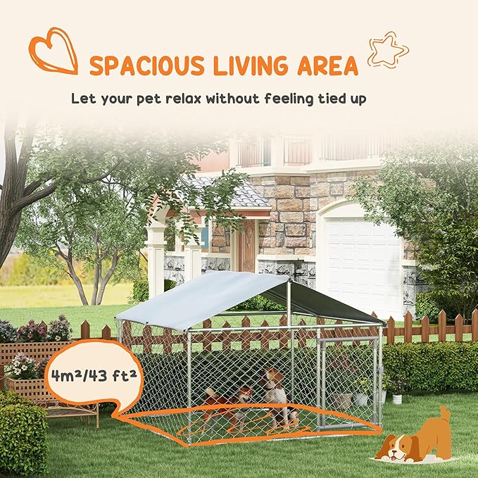 PawHut Large Dog Kennel Outside, Heavy Duty Dog Cage with Waterproof Cover, Outdoor Fence Dog Run with Galvanized Chain Link, Secure Lock, 6.6' x 6.6' x 4.9'