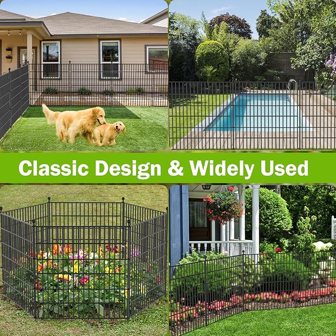 8 Panels No Dig Decorative Outdoor Garden Fence for Yard, 48 in(H) X 21 ft(L) Animal Barrier Fencing Rustproof Metal Wire Panel Border for Dog, Rabbits, and Patio Temporary Ground Stakes