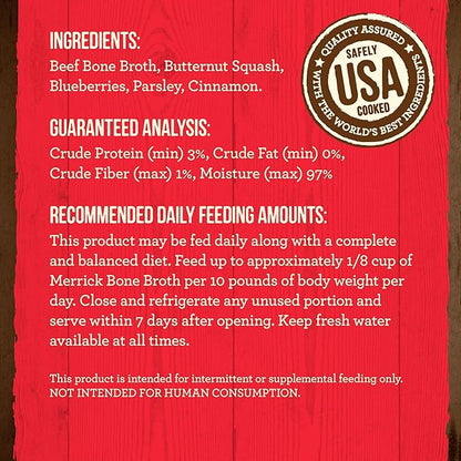 Merrick Grain Free Bone Broth, Premium Human Grade And Gluten Free Dog And Cat Food Topper Pouches, Beef - 7 oz. Pouch