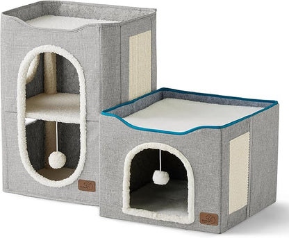 Bedsure 2 Story Cat House - Cat Condos for Indoor Cats with Scratch Pad and Fluffy Ball Hanging, Small Pet Cave Furniture Hideaway for Multi Pets, 18x14x23 inches, Grey